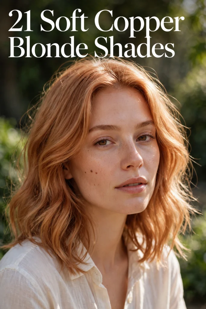 Soft copper blonde hair shade with 21 Soft Copper Blonde Shades title text overlay