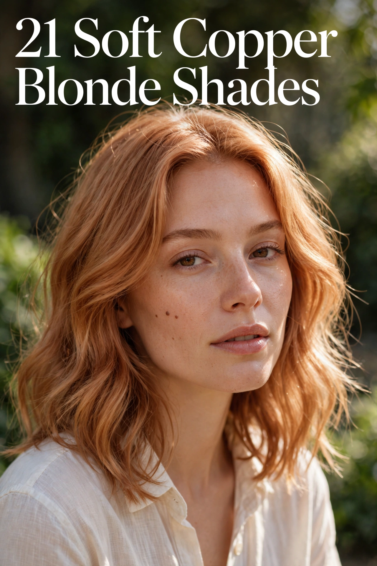 Soft copper blonde hair shade with 21 Soft Copper Blonde Shades title text overlay
