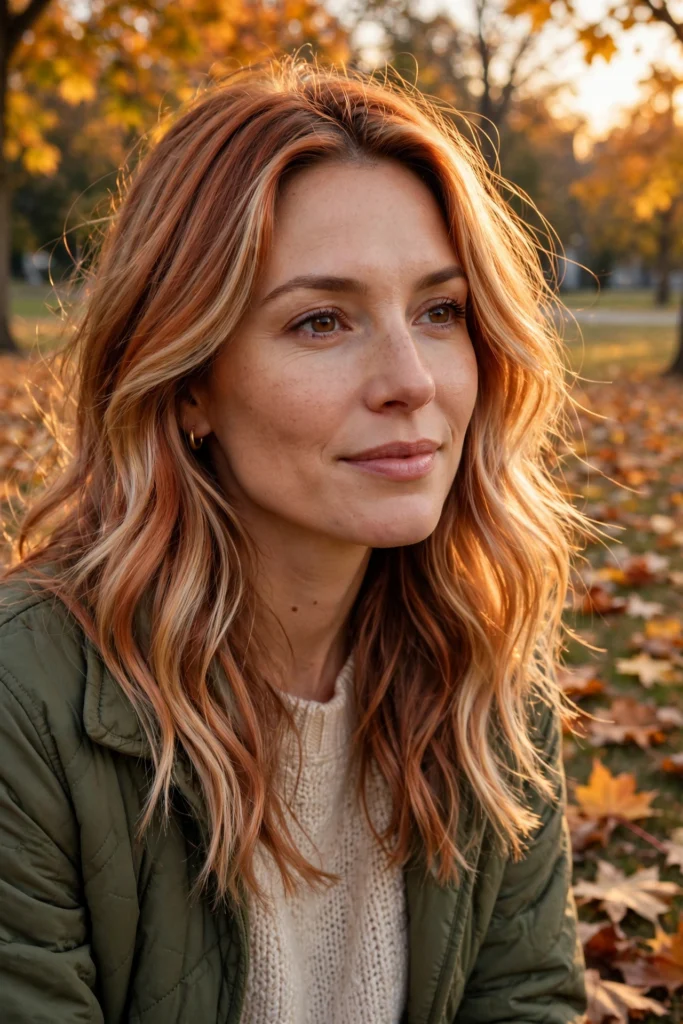 Soft copper blonde hair shade with glowing warm copper tones